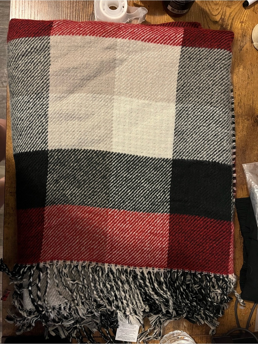 Pottery Barn Red, Black & Cream Plaid Throw with Fringe